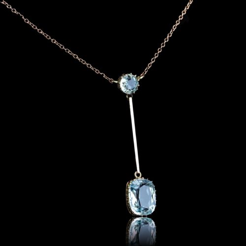 fig 2. Antique Edwardian Aquamarine Necklace Lavalier Double Drop Design 9ct Gold - c.1900