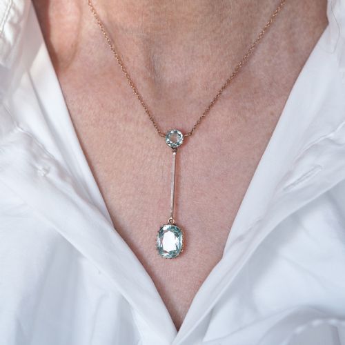fig 4. Antique Edwardian Aquamarine Necklace Lavalier Double Drop Design 9ct Gold - c.1900