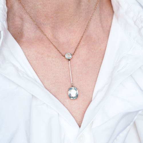 fig 5. Antique Edwardian Aquamarine Necklace Lavalier Double Drop Design 9ct Gold - c.1900