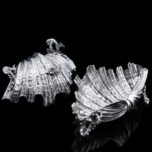 fig 4. Antique Victorian Solid Silver Salt/Butter Dish Pair, Cast Shell Giant Clam Design - Stephen Smith 1866