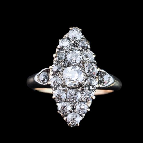 fig 1. A late Victorian yellow gold and diamond navette cluster ring featuring hand-cut diamonds set in an elongated marquise shape.
