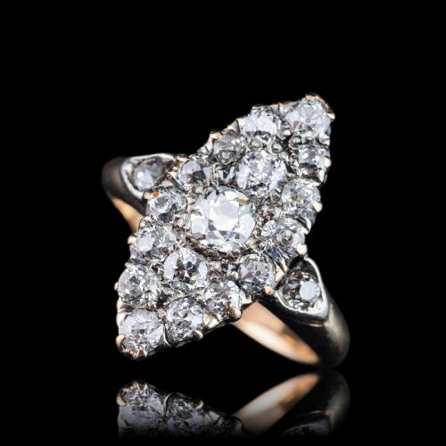 fig 2. A late Victorian yellow gold and diamond navette cluster ring featuring hand-cut diamonds set in an elongated marquise shape.