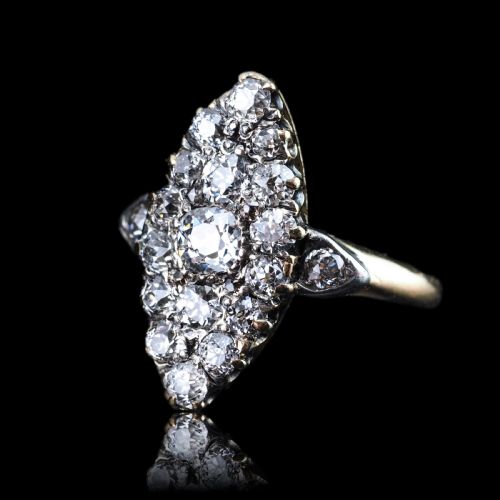 fig 6. A late Victorian yellow gold and diamond navette cluster ring featuring hand-cut diamonds set in an elongated marquise shape.