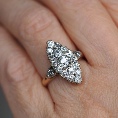 fig 8. A late Victorian yellow gold and diamond navette cluster ring featuring hand-cut diamonds set in an elongated marquise shape.