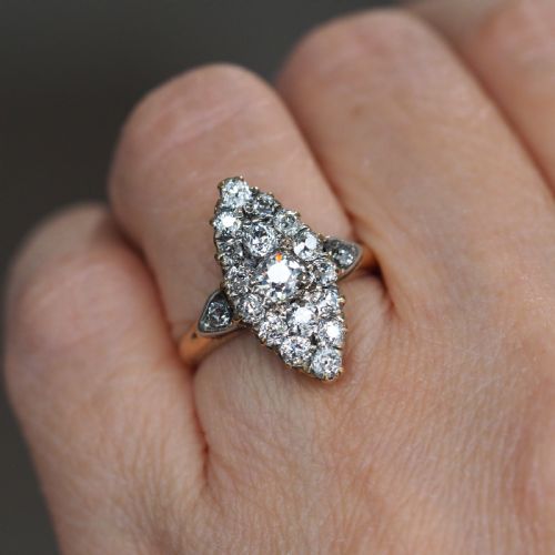 fig 9. A late Victorian yellow gold and diamond navette cluster ring featuring hand-cut diamonds set in an elongated marquise shape.