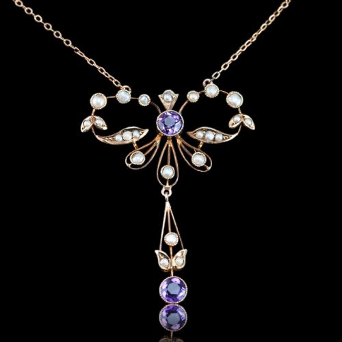 Antique Edwardian Amethyst and Seed Pearl Necklace 9k Gold Bow Shaped - C.1910