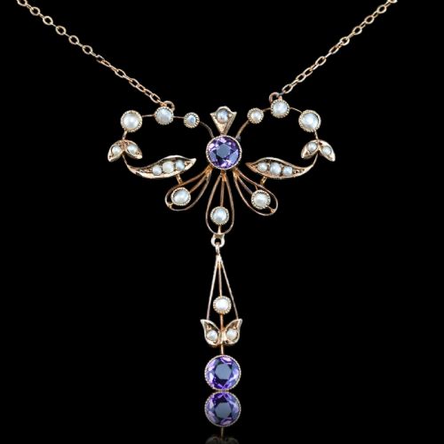 fig 1. Antique Edwardian Amethyst and Seed Pearl Necklace 9K Gold Bow Shaped - c.1910