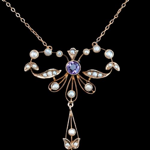 fig 2. Antique Edwardian Amethyst and Seed Pearl Necklace 9K Gold Bow Shaped - c.1910