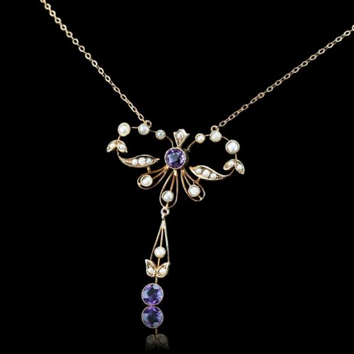 fig 3. Antique Edwardian Amethyst and Seed Pearl Necklace 9K Gold Bow Shaped - c.1910