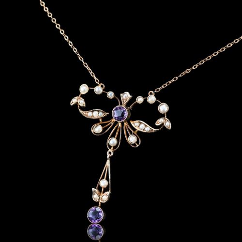 fig 4. Antique Edwardian Amethyst and Seed Pearl Necklace 9K Gold Bow Shaped - c.1910