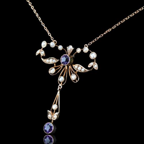 fig 5. Antique Edwardian Amethyst and Seed Pearl Necklace 9K Gold Bow Shaped - c.1910