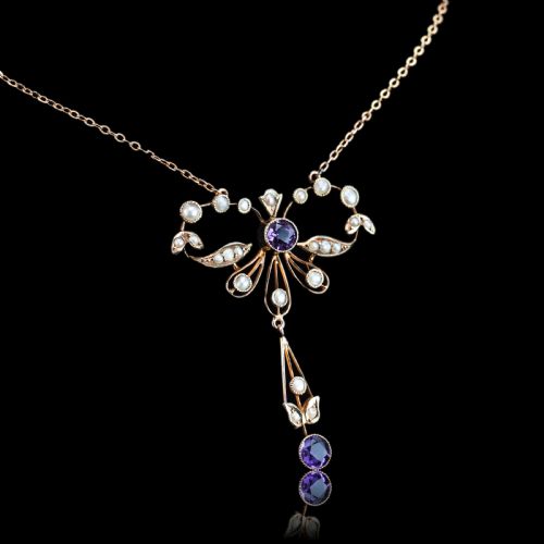fig 7. Antique Edwardian Amethyst and Seed Pearl Necklace 9K Gold Bow Shaped - c.1910