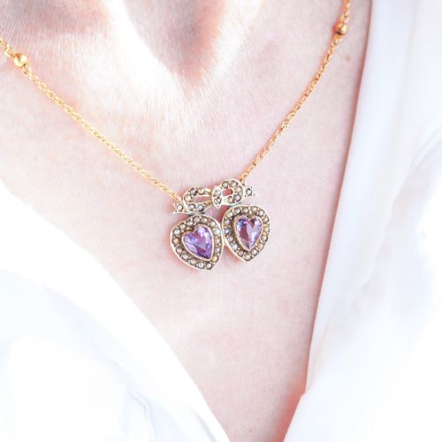 fig 3. Antique Edwardian Heart Necklace Amethyst & Seed Pearl 9K Gold - c.1910