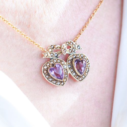 fig 4. Antique Edwardian Heart Necklace Amethyst & Seed Pearl 9K Gold - c.1910