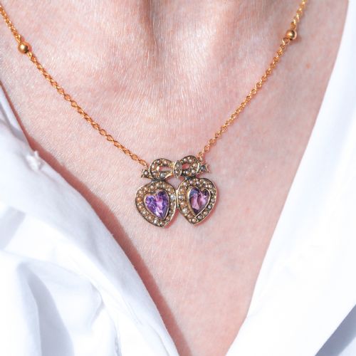 fig 6. Antique Edwardian Heart Necklace Amethyst & Seed Pearl 9K Gold - c.1910