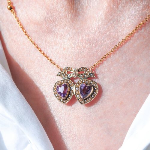 fig 7. Antique Edwardian Heart Necklace Amethyst & Seed Pearl 9K Gold - c.1910