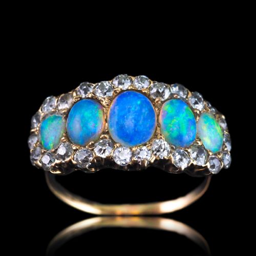 fig 1. Antique Victorian Ring 5 Stone Opal & Diamond Cluster 18K Gold - c.1900