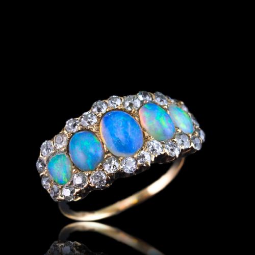 fig 2. Antique Victorian Ring 5 Stone Opal & Diamond Cluster 18K Gold - c.1900
