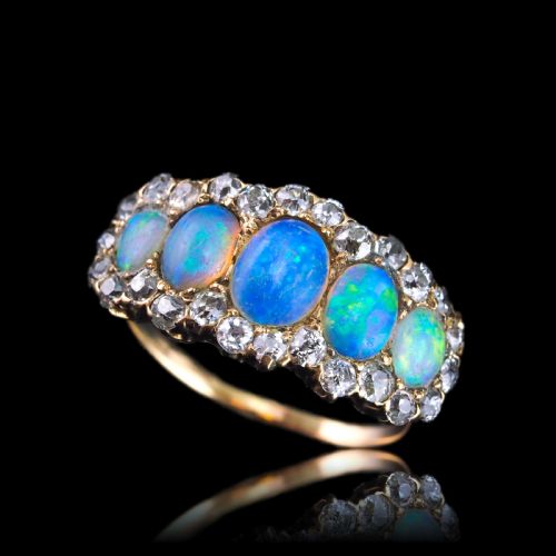 fig 3. Antique Victorian Ring 5 Stone Opal & Diamond Cluster 18K Gold - c.1900