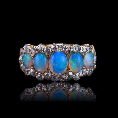 fig 6. Antique Victorian Ring 5 Stone Opal & Diamond Cluster 18K Gold - c.1900