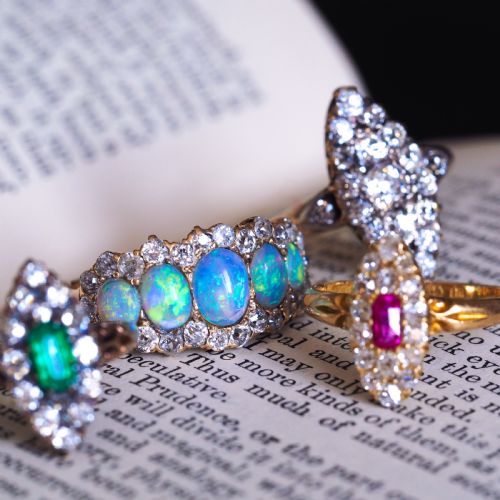 fig 7. Antique Victorian Ring 5 Stone Opal & Diamond Cluster 18K Gold - c.1900