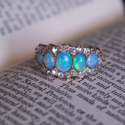 fig 10. Antique Victorian Ring 5 Stone Opal & Diamond Cluster 18K Gold - c.1900