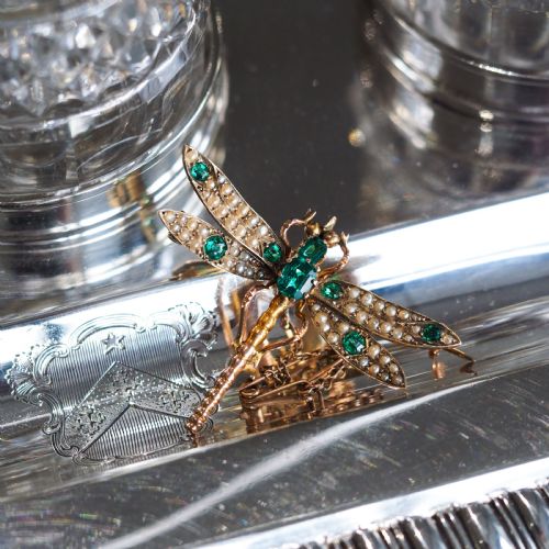 fig 1. Antique Victorian Dragonfly Brooch Garnet & Seed Pearl 9K Gold - c.1900