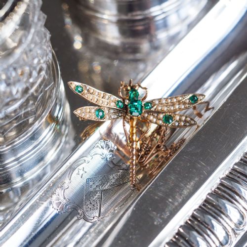 fig 2. Antique Victorian Dragonfly Brooch Garnet & Seed Pearl 9K Gold - c.1900