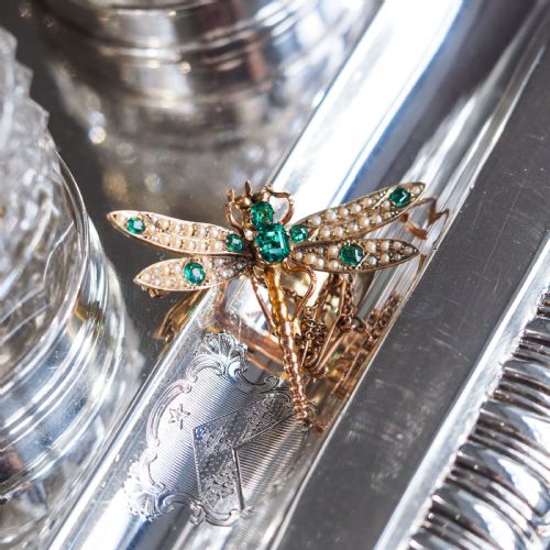 fig 3. Antique Victorian Dragonfly Brooch Garnet & Seed Pearl 9K Gold - c.1900
