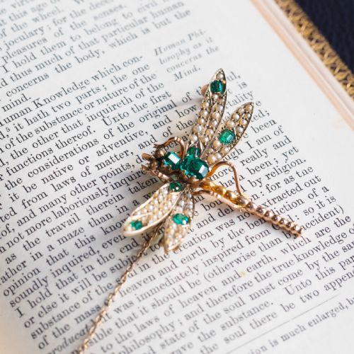 fig 4. Antique Victorian Dragonfly Brooch Garnet & Seed Pearl 9K Gold - c.1900