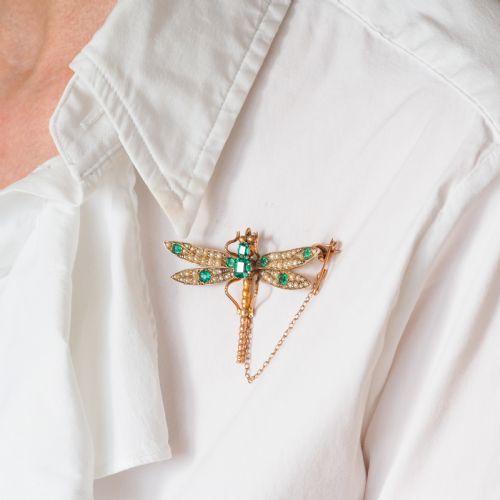 fig 7. Antique Victorian Dragonfly Brooch Garnet & Seed Pearl 9K Gold - c.1900