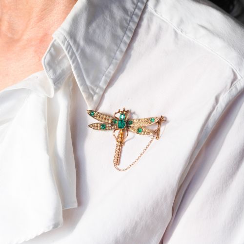 fig 8. Antique Victorian Dragonfly Brooch Garnet & Seed Pearl 9K Gold - c.1900