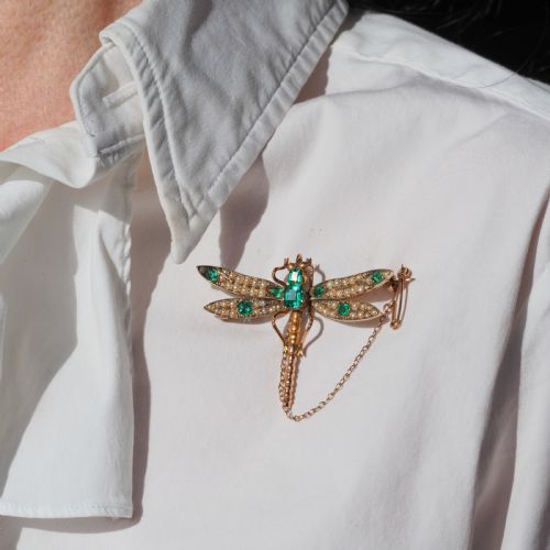 fig 9. Antique Victorian Dragonfly Brooch Garnet & Seed Pearl 9K Gold - c.1900
