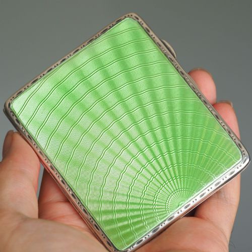 fig 3. Sterling Silver Cigarette Case with Green Sunburst Enamel Guilloche - Joseph Gloster 1933