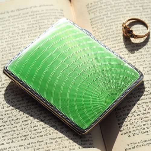 fig 4. Sterling Silver Cigarette Case with Green Sunburst Enamel Guilloche - Joseph Gloster 1933