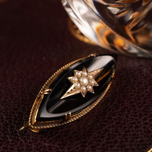 fig 4. Antique Victorian Onyx & Pearl 18K Gold Brooch