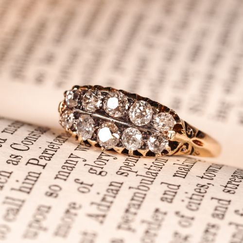fig 1. Antique Victorian 18K Gold Diamond Ring Old Mine Cut Two Row Boat-Shaped - c.1890