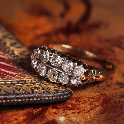 fig 5. Antique Victorian 18K Gold Diamond Ring Old Mine Cut Two Row Boat-Shaped - c.1890