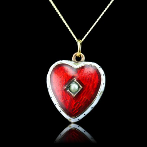 fig 1. Antique Victorian Puffy Heart Pendant Necklace Red & White Enamel 9ct - c.1900