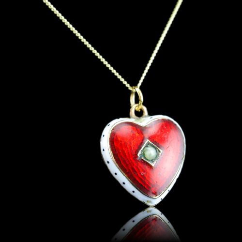 fig 2. Antique Victorian Puffy Heart Pendant Necklace Red & White Enamel 9ct - c.1900