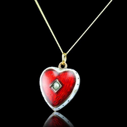 fig 3. Antique Victorian Puffy Heart Pendant Necklace Red & White Enamel 9ct - c.1900