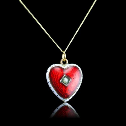 fig 4. Antique Victorian Puffy Heart Pendant Necklace Red & White Enamel 9ct - c.1900