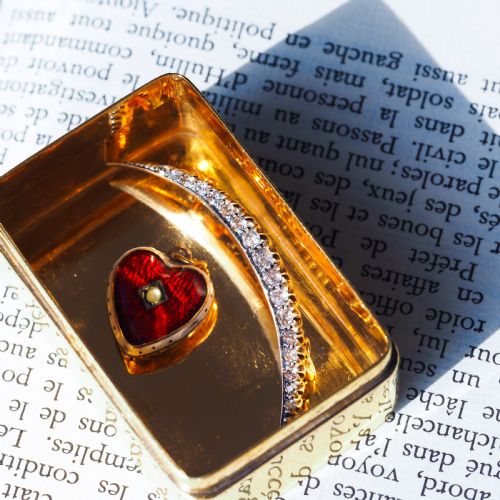fig 5. Antique Victorian Puffy Heart Pendant Necklace Red & White Enamel 9ct - c.1900