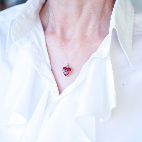 fig 7. Antique Victorian Puffy Heart Pendant Necklace Red & White Enamel 9ct - c.1900