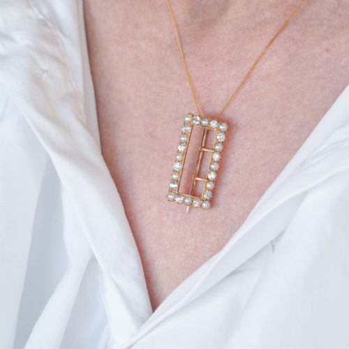 ANTIQUE VICTORIAN DIAMOND PEARL BROOCHPENDANT BUCKLE SHAPE 18K GOLD C1890 - ADDITIONAL PHOTO 10