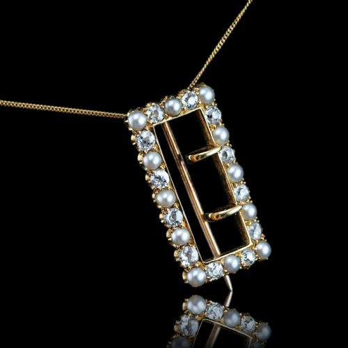 ANTIQUE VICTORIAN DIAMOND PEARL BROOCHPENDANT BUCKLE SHAPE 18K GOLD C1890 - ADDITIONAL PHOTO 11
