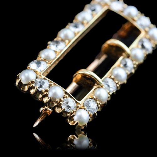 ANTIQUE VICTORIAN DIAMOND PEARL BROOCHPENDANT BUCKLE SHAPE 18K GOLD C1890 - ADDITIONAL PHOTO 13