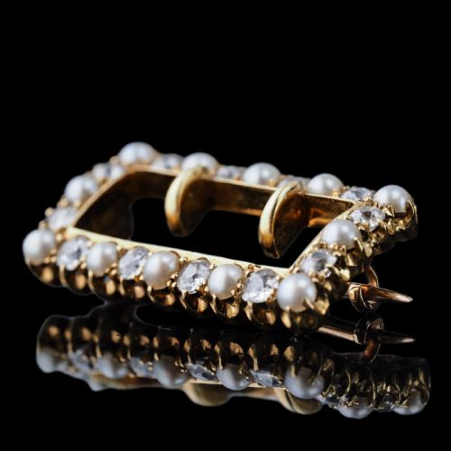 ANTIQUE VICTORIAN DIAMOND PEARL BROOCHPENDANT BUCKLE SHAPE 18K GOLD C1890 - ADDITIONAL PHOTO 14