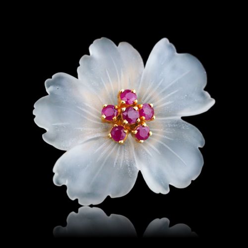 A Ruby & Rock Crystal Flower Brooch Pendant Necklace 18k Gold