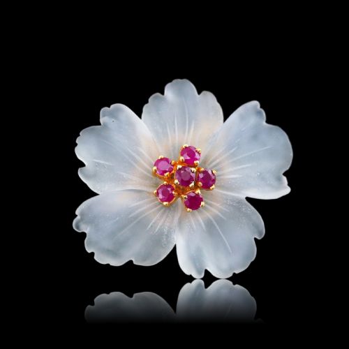 fig 1. A Ruby & Rock Crystal Flower Brooch Pendant Necklace 18K Gold